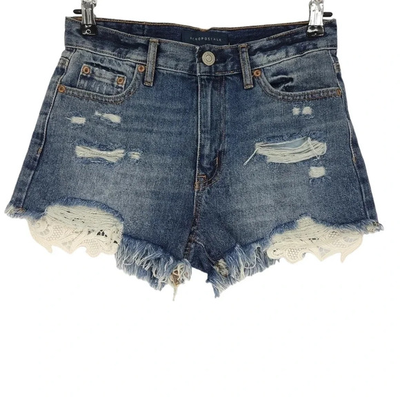 Hand Embroidered Aeropostale Cheeky Denim Shorts Distressed Lace Boho Floral - Picture 2 of 8
